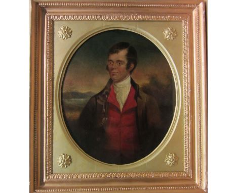 Scottish School (19th century): Portrait of Robert Burns in Landscape, oval oil on board unsigned   36cm x 30cm Condition Rep