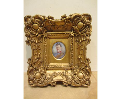 Attrib. R Gurnell (active circa 1920-1955): Portrait Miniature William Wright aged 21 in Military uniform, oval watercolour s
