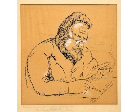 Grossmann, Rudolf (Berlin, Freiburg 1882-1941) Heinrich Zille  Am Tisch sitzend und zeichnend, mit Zigarre in der linken Hand