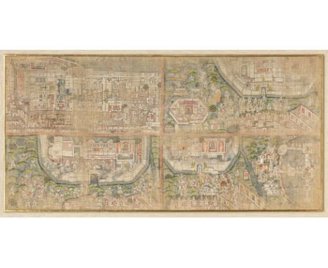 Indische Malerei im Moghulstil  Vierteilige Darstellung einer Stadtanlage in Vogelschau, wohl Region Rajastan. a) Stadtplan. 
