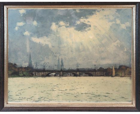 Kasimir, Luigi (Pettau, Wien 1881-1962) Hamburg - Die Lombardsbrücke von der Außenalster gesehen  Farbradierung. Bleistift si