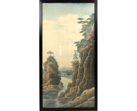 Wasserlandschaft mit schroffen, von Kiefern bewachsenen Felsen  China Malerei auf Seide. 89×44 cm. Bez. R. (60271)