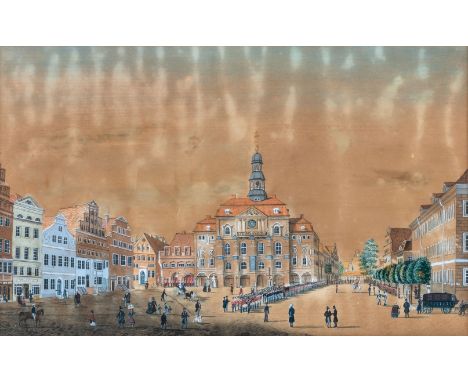 Norddeutscher Vedutenmaler (19. Jh.) Das Lüneburger Rathaus  Der belebte Marktplatz, gerahmt von Bürgerhäusern mit Blick auf 