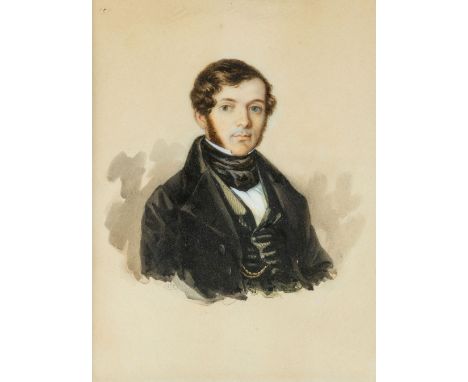 Weingartner, Joseph (Luzern 1810-1884) Zwei Bildnisse eines Ehepaares  Sie in hellblauem Kleid, Pelzstola und Schutenhut. Er 
