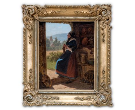 Monogrammist HS (um 1858) Junge Bäuerin in Festtagstracht aus der Tür ins Kirchdorf schauend  Monogr. u. dat. HS (ligiert) (1