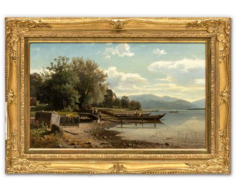 Irmer, Carl  (Babitz/Wittstock, Düsseldorf 1834-1900) Sommertag am Chiemsee  Uferpartie mit Fischerfamilie an ihren Booten. S