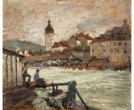 Charlemont, Hugo (Jamnitz/Mähren, Wien 1850-1939) Blick auf Waidhofen an der Ybss mit Stauwehr  Sign. Öl auf Holz. 38×44,5 cm