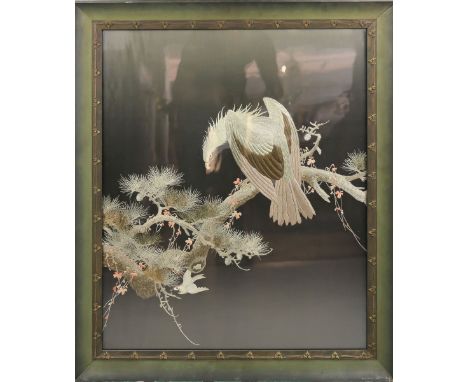 Adler auf Kiefernast mit blühendem Rankenwerk  Seidenstickerei auf schwarzem Grund. 70×58 cm. R. (60271)