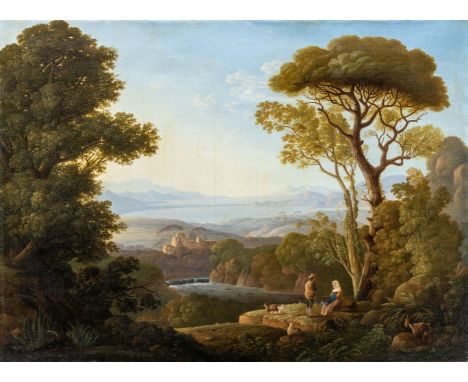 Landschaftsmaler in Italien (19. Jh.) Arkadische Landschaft mit Hirtenpaar und Ziegen   Blick auf weite Küstenlandschaft. Öl 