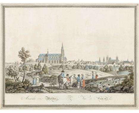Ziegler, Johann (Meiningen, Wien 1749-1822) Ansicht von Worms - Vue de Worms (A. 19. Jh.)  Kol. Umrissradierung nach Zeichnun