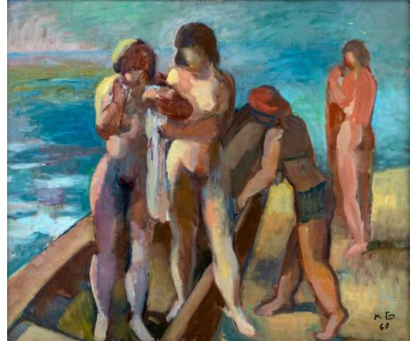 Gunschmann, Karl  (Darmstadt 1895-1984) Badende Frauen am See mit Boot  Monogr. u. dat. K G (19)60. Öl auf Malkarton. 64×76 c
