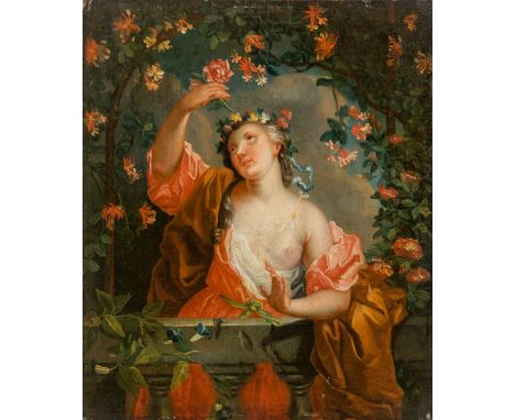 Tischbein d. Ä. , Johann Heinrich (Haina, Kassel 1722-1789)  , zugeschriebenFlora  Junge Frau an Gartenbalustrade unter Jelän
