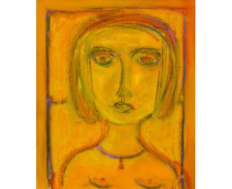 Hertel, Sabine (Berlin, zeitgenössische Künstlerin) Mädchenkopf in Gelb  Sign. Lwd. 60×50 cm. R.  Dazu: Sabine Näger  (Berlin