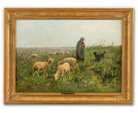 Charpin, Albert (Grasse, Asnières-sur-Seine 1842-1924) Schafhirtin mit Strickzeug in der Hand  Sign. Öl auf Lwd. 38×55 cm. (K