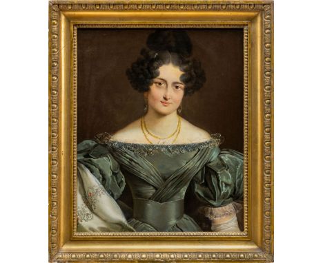Georgi, Friedrich Traugott (Schwarzenberg/Erzgeb., Leipzig 1783-1838) Porträt einer jungen Dame in graugrünem Satinkleid   mi