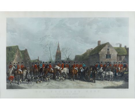 Großer Englischer Jagdstich (um 1852)  The Pytchley Hunt - the crick meet. Kol. Aquatinta-Radierung. Gestochen von W. Deney, 
