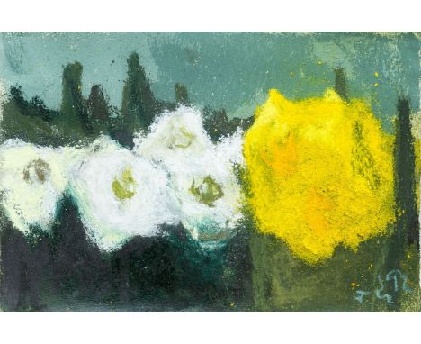 Fussmann, Klaus (geb. 1938 in Velbert)  Weiße und gelbe Blüten   Sign. u. dat. (19)92. Mischtechnik auf Papier. 15×22,3 cm. E