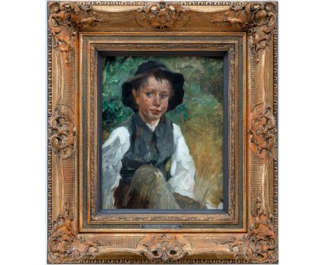 Herbst, Thomas (Hamburg 1848-1915) Sitzender Bauernjunge mit Hut  Öl auf Malkarton. 25×19,5 cm. Rücks. mit Bleistift bez. "Me