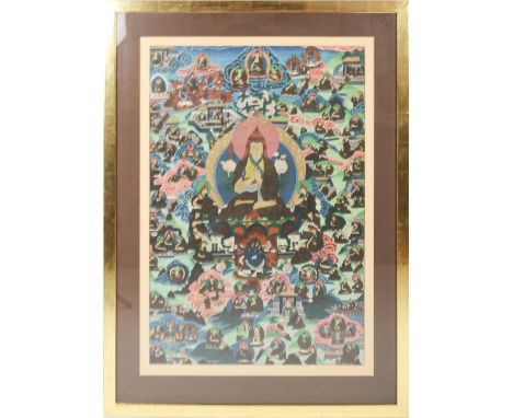 Thangka  Tibet Lhama auf hohem dekoriertem Thron umgeben von zahlreichen Gottheiten. 79×52 cm. R. (59507)