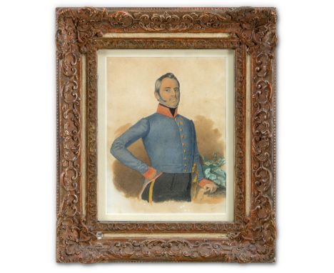 Dworzak, Adolf (geb. 1817 Böhmen, gest. 1881 wohl Wien) Älterer Uniformierter,  sich stolz in die Brust werfend, in blauem Ro