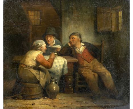 Braekeleer, Ferdinand de (Antwerpen 1792-1883) , in der Art Stube mit drei am Tisch sitzenden Bauern  Bez. Öl auf Holz. 26×31