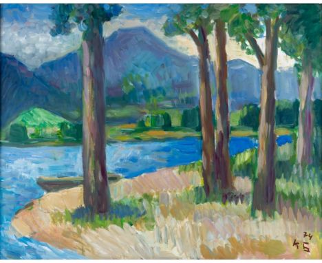 Gunschmann, Karl (Darmstadt 1895-1984) Seeufer mit Bäumen  Monogr. u. dat. K G (19)74. Öl auf Hartfaserplatte. 80×100 cm. Sie