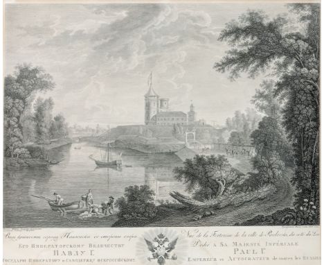 Pawlowsk bei St. Petersburg (um 1800)  Vue de la Fortesse de la Ville Pavlovski, du côté du Lac. Dédié a Sa Majesté Impériale