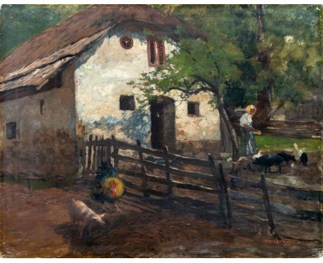Charlemont, Hugo (Jamnitz/Mähren, Wien 1850-1939) Bäuerin beim Füttern der Tiere   Sign. Öl auf Holz. 37,5×47,7 cm. Rücks. al