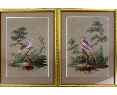 Bunt gefiederter Vogel auf Baumstumpf  Zwei Malereien auf Papier. 30×19 cm. R. (60271)
