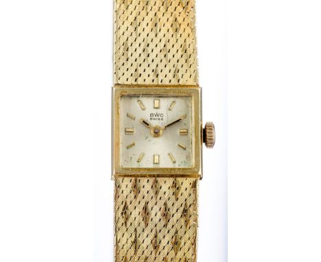 BWC-Damengoldarmbanduhr. Vintage  Buttes Watch Company, Schweiz 585/f. Gold. Quadratisch an mit Streifen guillochiertem 585/f