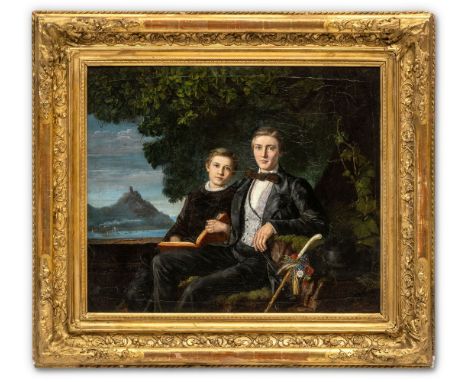 Friedrich, H.  (um 1859) Zwei Brüder in der Weinlaube sitzend   Im Hintergrund Boote auf dem Rhein und Burg Drachenfels. Sign