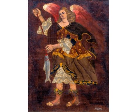 Cuzco-Schule  (wohl 17. Jh.) Erzengel Raphael  Als Pilger mit Stab und Fisch. Unten rechts Signatur entfernt. Lwd. (doubl.) 8