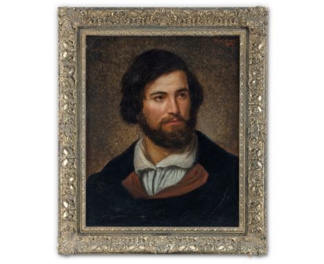 Rhomberg, Hanno (München, Walchsee b. Kufstein 1819-1864) Junger bärtiger Mann in Mantel mit rotem Kragen  Sign. u. dat. 1845