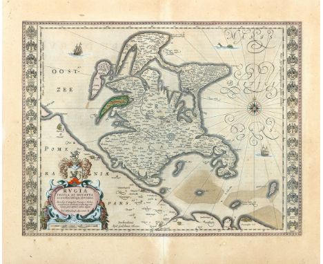 Rügen (um 1630/50)  Rugia Inssula ac Ducatus. Kol. Kupferstich, gezeichnet von Eilhard Lubbin, an den Seiten 30 Wappen der Rü
