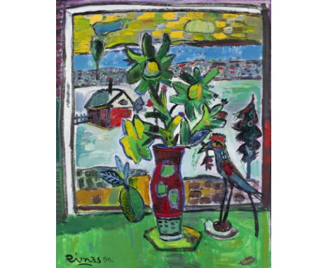 RIMAS-ZIGMAS BICIUNAS1945 Panemunis, Litauen'LANDSCHAFT MIT BLUMENSTRAUSS' (1991) Öl auf Leinwand. 75 x 60 cm (R. 80 x 66,5 x