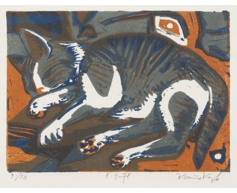 KARL-HEINZ KRAUSKOPF1930 Ratingen - 1984 DüsseldorfZWEI ARBEITEN: 'KATZEN' (1978/1981) Farblinol- bzw. Holzschnitt auf Papier