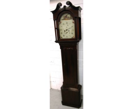 A late 18th early 19th century mahogany longcase clock the enamel dial painted with flowers and birds set with Roman numerals