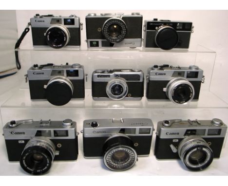 Nine assorted Canon rangefinder & compact cameras including Canonet 28, QL19, QL25, Canomatic M70 and a "Demi" half-frame exa