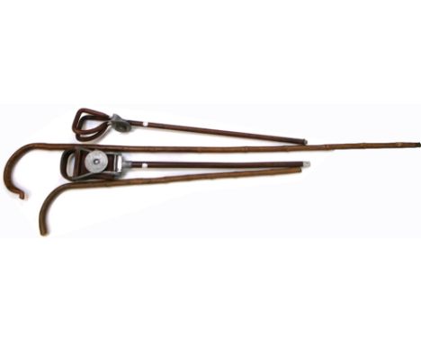 A shepherds crook, two stick seats and a walking cane (4).