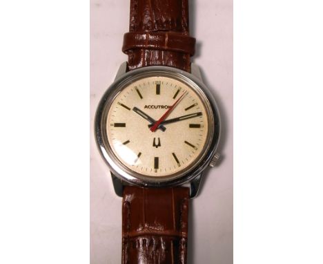 Bulova Accutron; a late 1960s stainless steel cased gentlemans wristwatch, with white dial set with applied baton numerals an