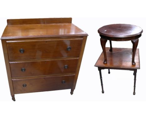 A three drawer chest of drawers on ring turned legs and castors, width 90cm, a 19th century occasional table with square top 