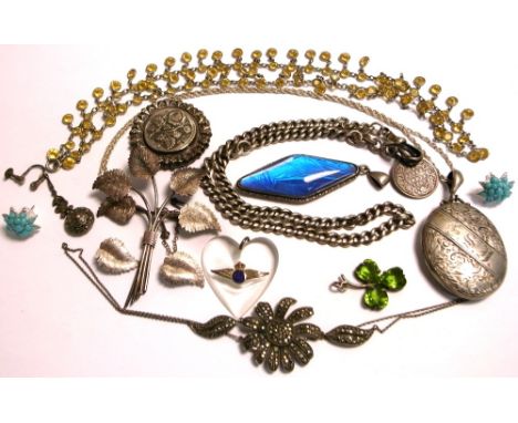 A small quantity of silver jewellery to include a brooch, locket, bracelet, enamel pendant, RAF sweetheart pendant, a shamroc