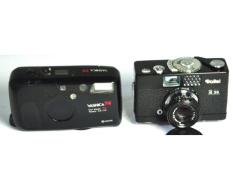 A Yashica T-4 35mm compact camera and a Rollei B35 compact camera in black finish (2).