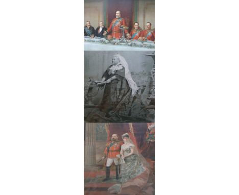 Three large prints to include the wedding of King George and Alexandra 1888, Queen Victoria, Diamond Jubilee 1887, and King G
