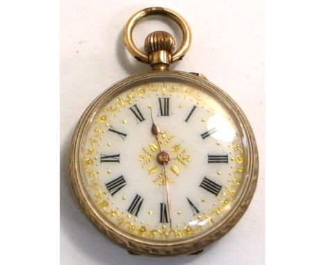 A gold plated fob watch, white enamel dial set with Roman numerals.