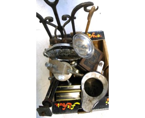 A small quantity of metalware to include fireside irons, a silver plated teapot and an enamel jug etc.