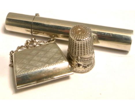 A Sterling silver spill/match case, a miniature handbag/stamp case and thimble marked 925, approx combined weight 1.2ozt (3).