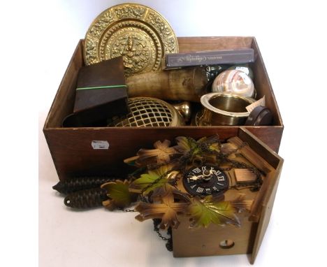 A small quantity of brassware to include bowls, rose bowl, plates etc, a small cuckoo clock and an eagle fishing rod, some br