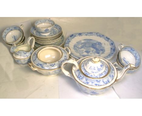 A quantity of Victorian pale blue and white willow pattern part tea service to include a sucrier, teapot, cups, saucers etc.