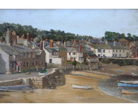 JAMES R. RICHARDSON; oil on board, maritime scene with moored boats and dwellings in the background, signed lower left, 45 x 